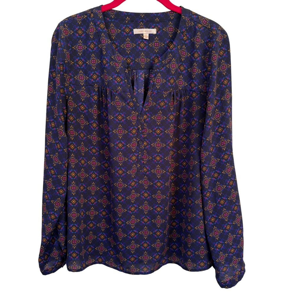 Skies Are Blue Blouse Top Womens‎ Sz M Navy Multicolor Geo Print Tunic Top Boho